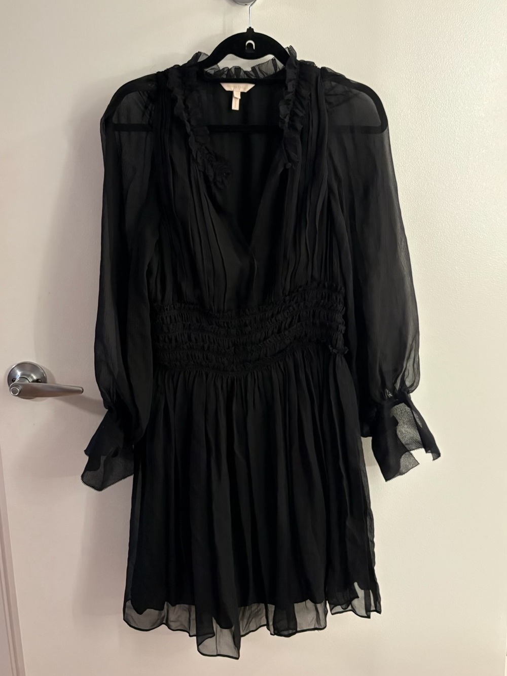 Rebecca Taylor Black 100% Silk Chiffon Ruffle Long Sleeve Dress Size 8